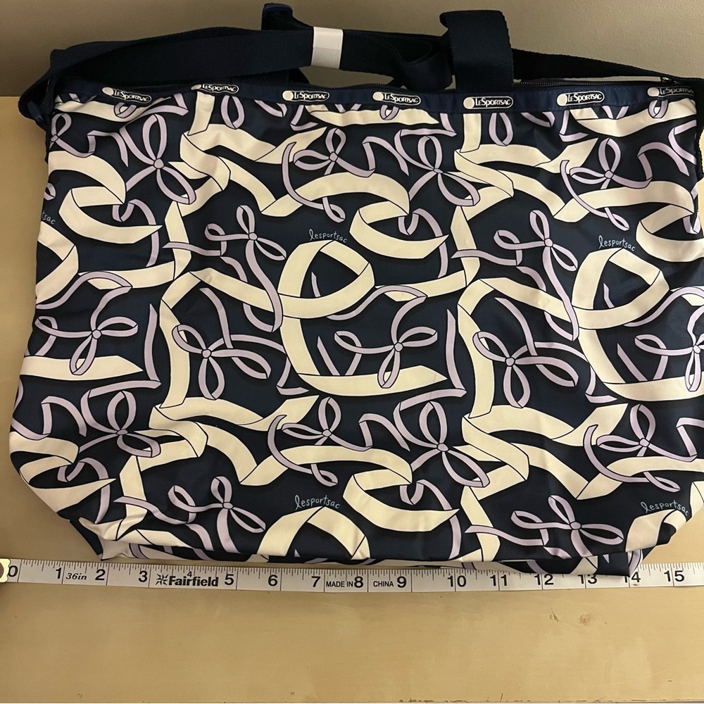 LeSportsac Hope Ribbons Navy and Cream Tote with Purple Accents - Picture 2 of 5